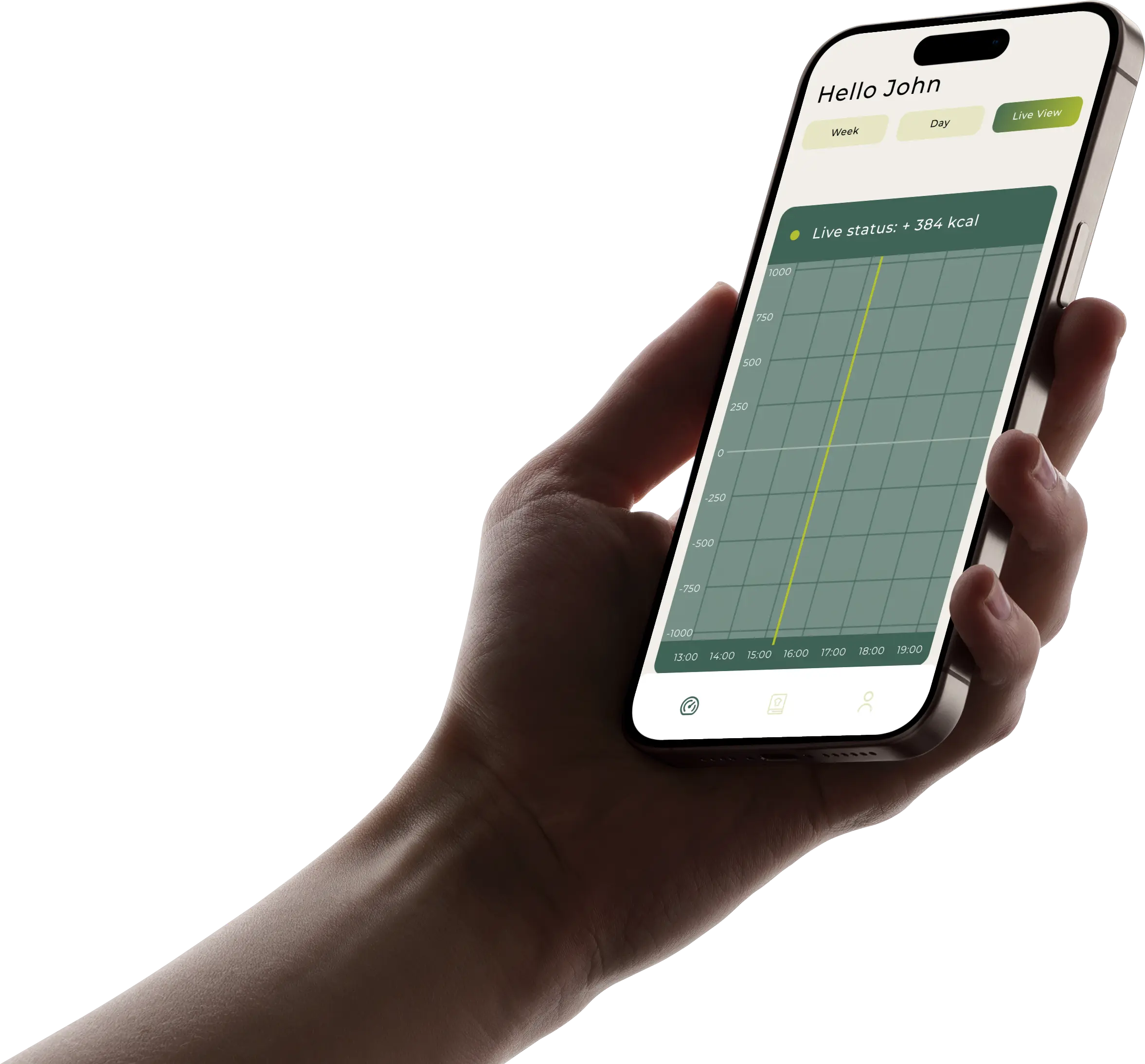 Mobile screen showing the Live-View in the Carboplanner app for a user named John. A green chart displays the current calorie balance with a label “Live status: +384 kcal.” The graph features a vertical yellow line and a scale from -1000 to +1000 calories, indicating real-time energy tracking.