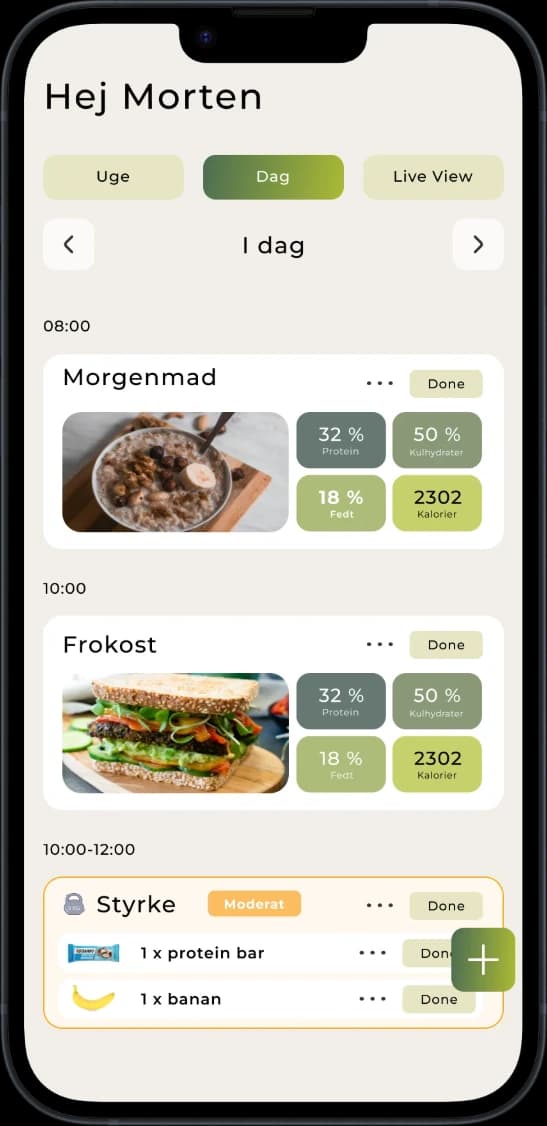 Mobilskærm, der viser den daglige oversigt i CarboPlanner-appen for brugeren John. Fanen “Dag” er valgt, og måltider samt aktiviteter vises kronologisk. Morgenmad og frokost vises med billeder, makronæringsstof-fordeling (protein, fedt, kulhydrat) og kalorieantal. En styrketræning er angivet nedenunder med intensiteten markeret som Moderat. Hver post er markeret som “Færdig”.