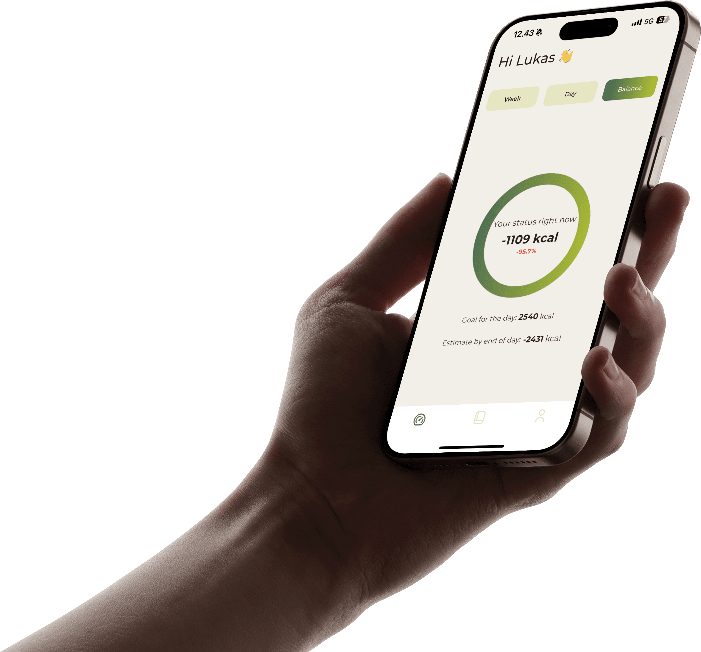 Mobilskærm, der viser Live-visningen i Carboplanner-appen for brugeren John. Et grønt diagram viser den aktuelle kaloriebalance med teksten “Live status: +384 kcal.” Grafen har en lodret gul linje og en skala fra -1000 til +1000 kalorier, som angiver energiforbruget i realtid.